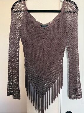 Vittorio Taupe Open-Knit Off-the-Shoulder Fringe Sweater